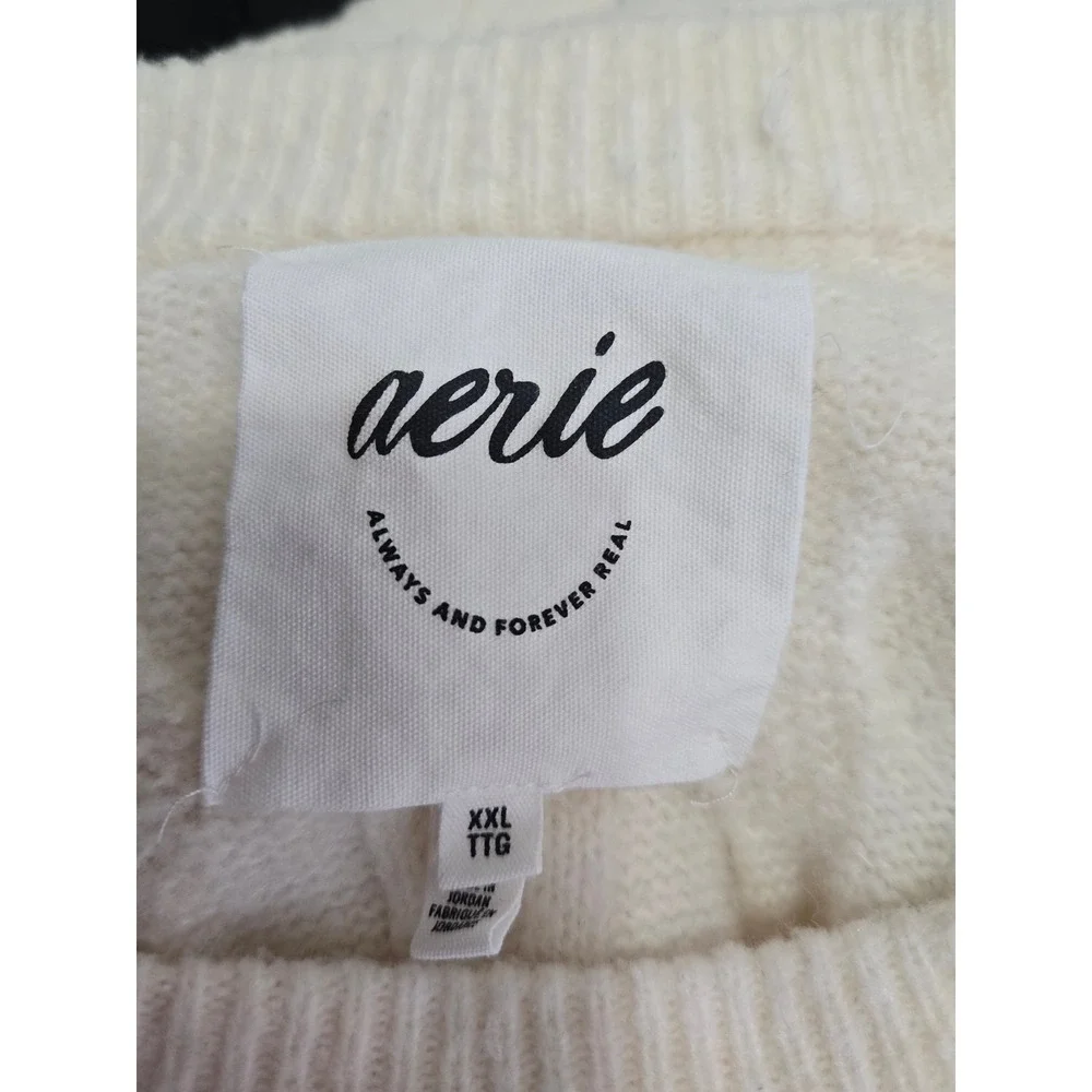 Aerie Cable Knit Sweater‎ Womens XXL Cream Ivory Crewneck Long Sleeve Oversized